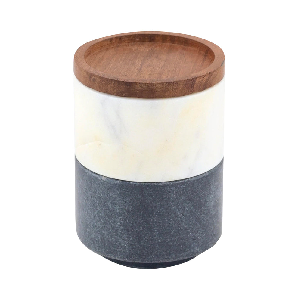 Stackable Marble Salt Cellar Set with Wood Lid ā White, Gray & Brown