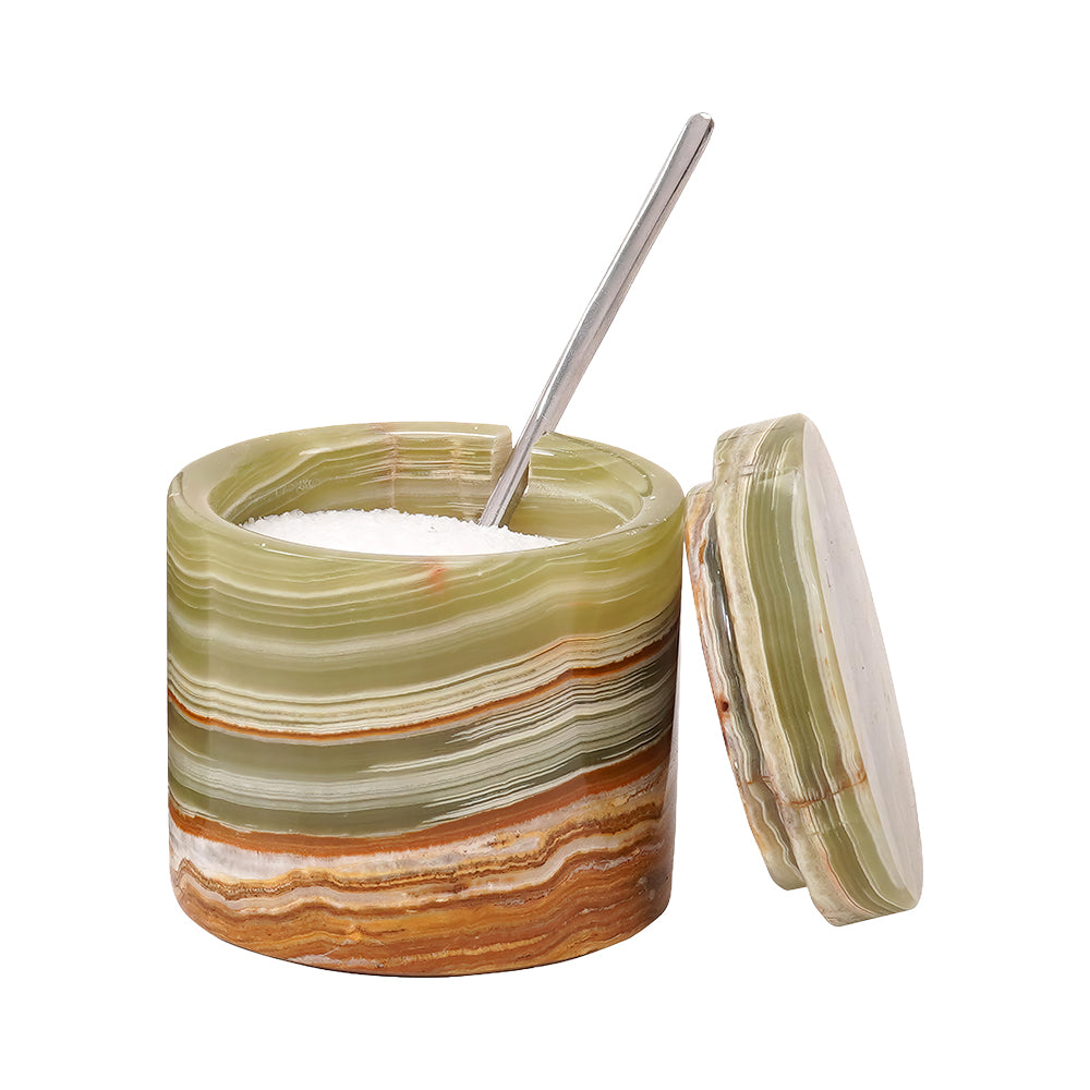 Green Marble Salt Cellar with Lid & Spoon Set of 2, 3" Spice Holder