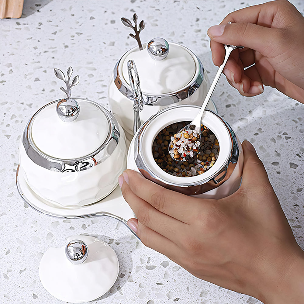3-Piece Porcelain Sugar Bowl Set with Lids & Spoons β White Silver