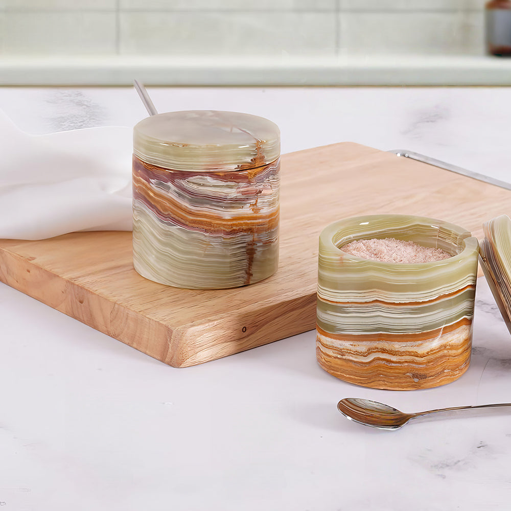 Green Marble Salt Cellar with Lid & Spoon Set of 2, 3" Spice Holder