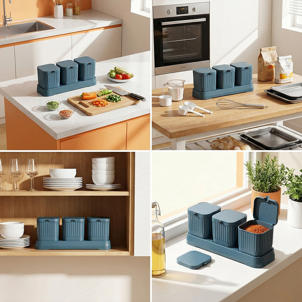 Kitchen Seasoning jar Set 3 Spice Condiment Storage Box Salt Shaker Sugar Bowl with Tray and Spoon