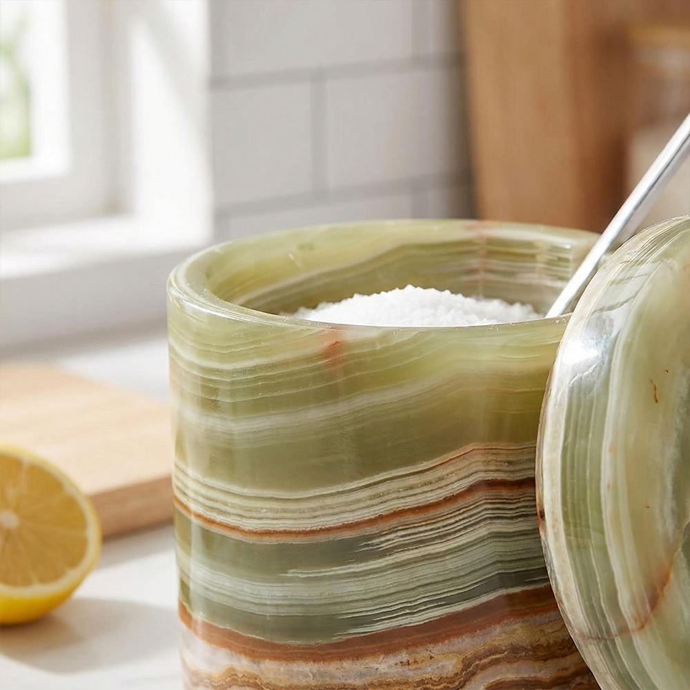 Marble Salt Cellar 3 Inch Handmade Stone Salt and Sugar Bowls with Lids Small Set of 2 Countertop Spice Containers