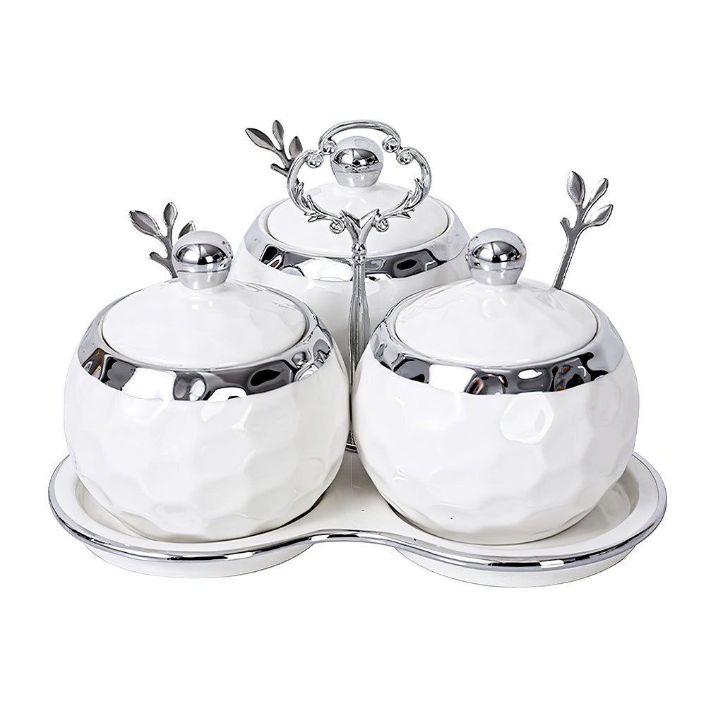 3-Piece Porcelain Sugar Bowl Set with Lids & Spoons β White Silver