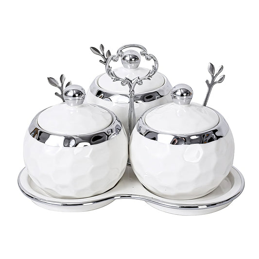 3-Piece Porcelain Sugar Bowl Set with Lids & Spoons – White Silver