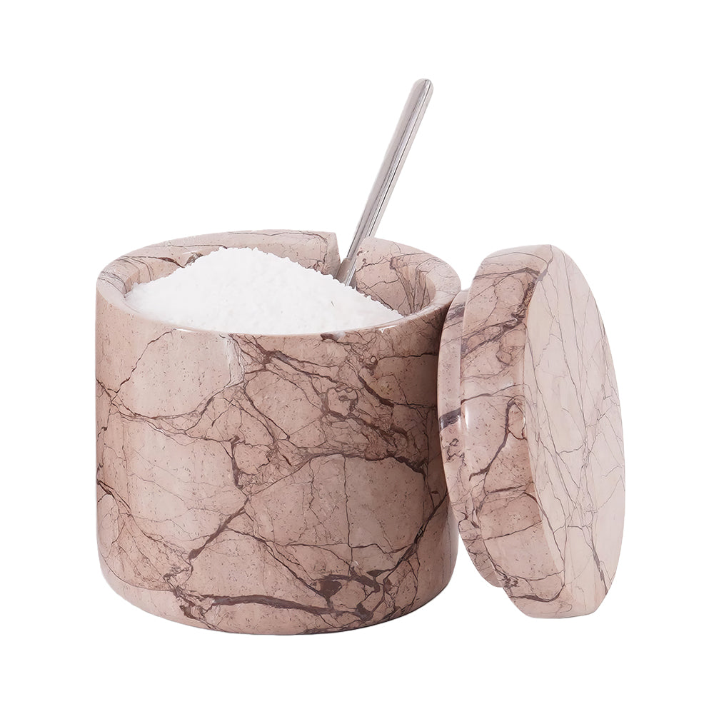 Green Marble Salt Cellar with Lid & Spoon Set of 2, 3" Spice Holder