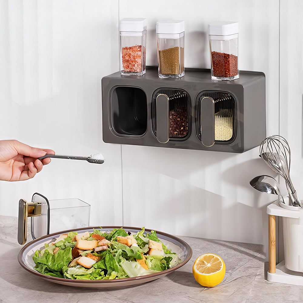 Wall Mounted 3-Compartment Spice Container Set with Spoons โ Drawer Design