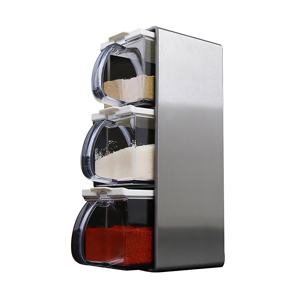 3-Piece Clear Spice Container Set with Lids & Spoons – Stainless Steel Rack