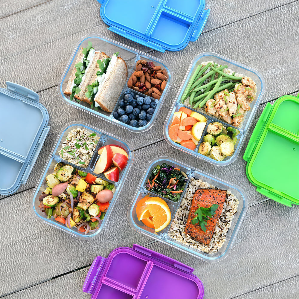 Glass Lunch Box with 3 Compartments β Leak-Proof Airtight Bento, 5 Cups