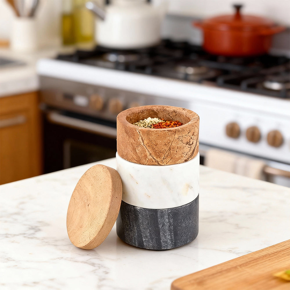 Marble Salt Cellar Stacking Set with Wood Lids White Gray and Brown 3 Piece Spice Containers