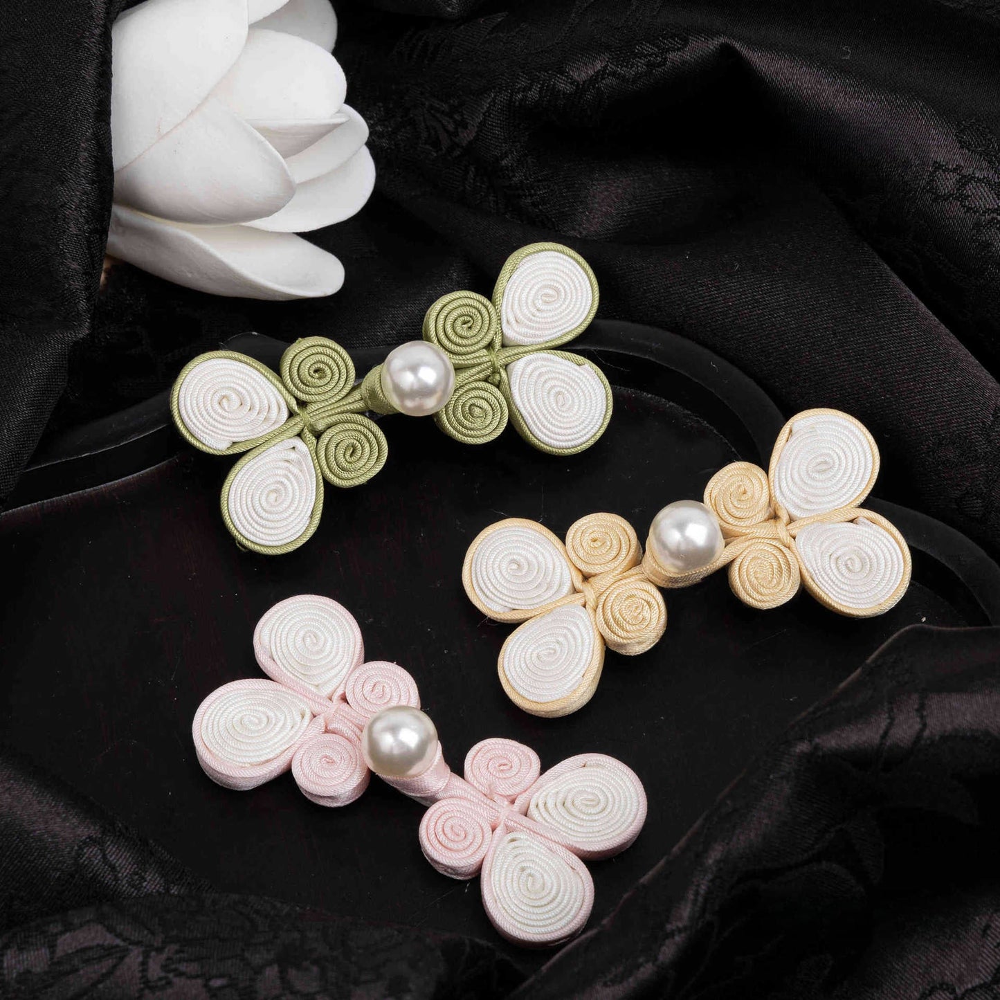 Coiled Ribbon Butterfly Pearl Buttons - handmade decorative sew-on button