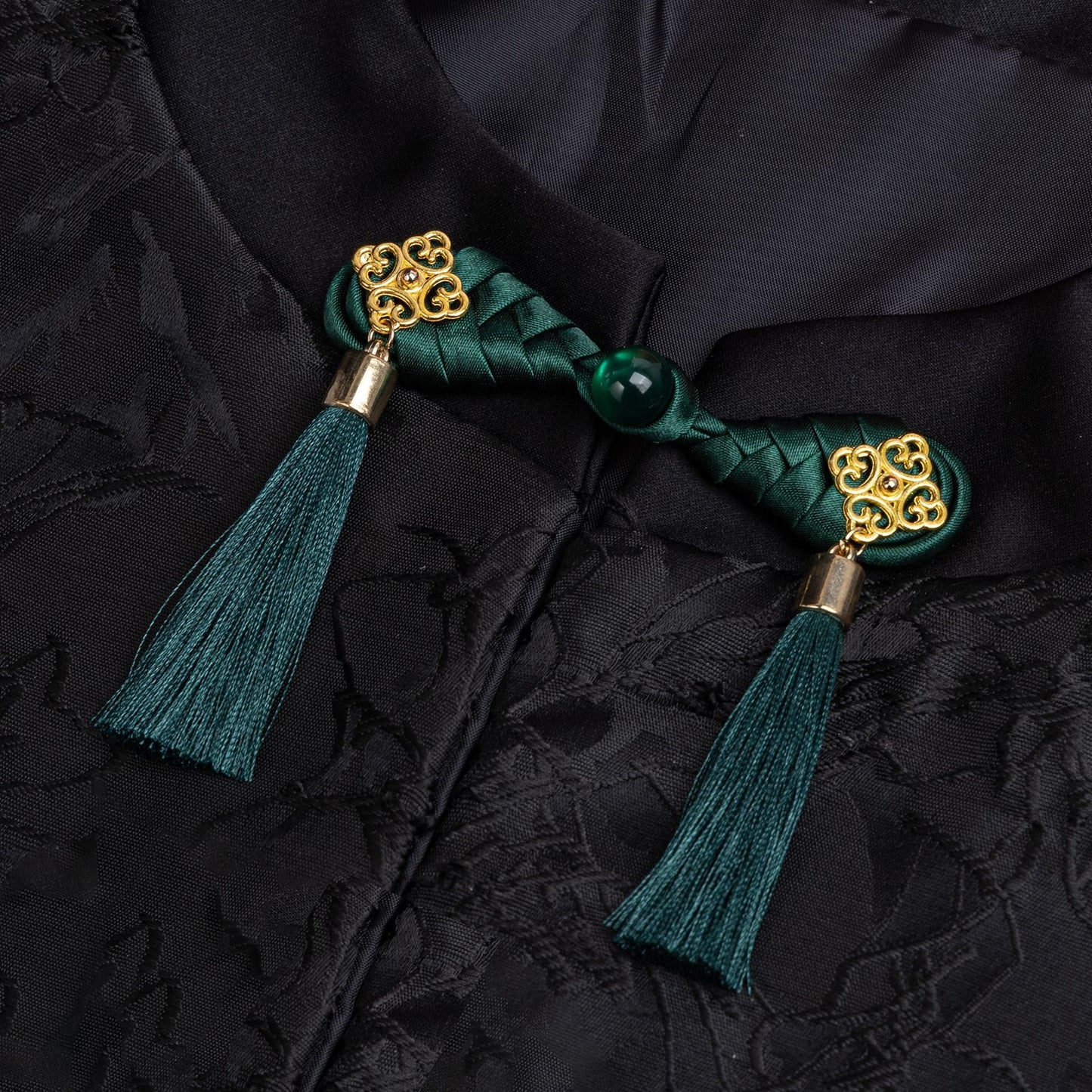 Braided Tassel Frog Button Pair - Bean Green color, handmade decorative sew-on button