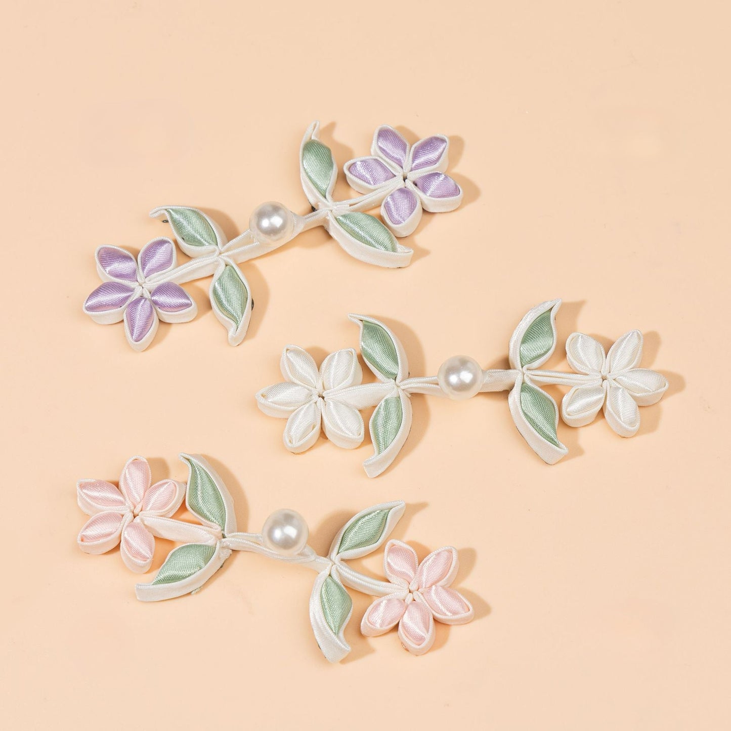 Flower and Leaf Branch Pearl Button - Light Blue color, handmade decorative sew-on button