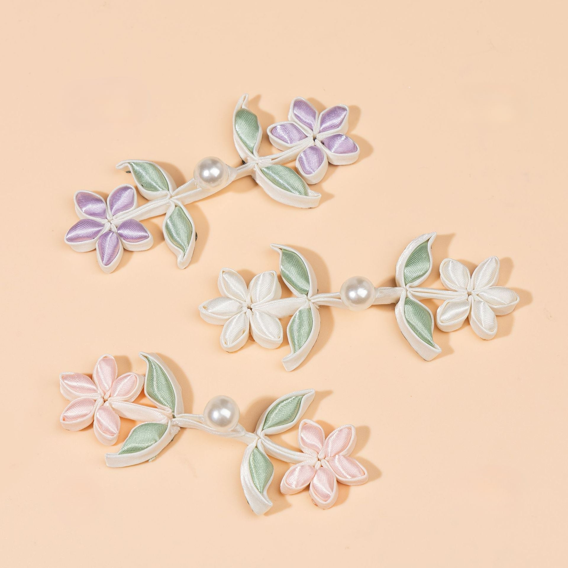 Flower and Leaf Branch Pearl Button - Light Blue color, handmade decorative sew-on button