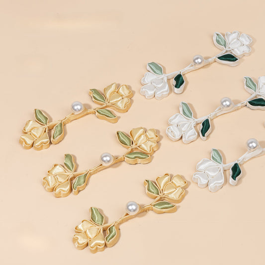 Satin Flower Branch Pearl Buttons - Apricot color, handmade decorative sew-on button