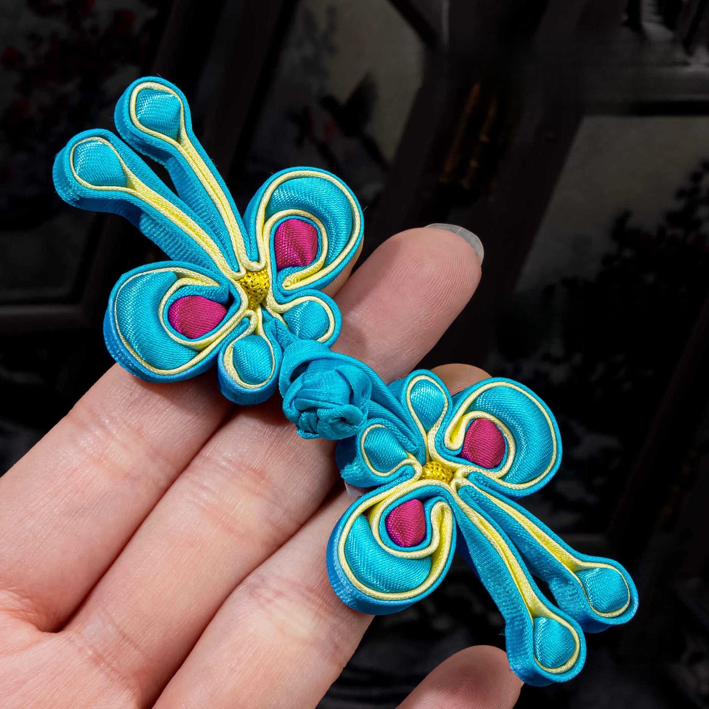 Handwoven butterfly  button - Rose Red color, handmade decorative sew-on button