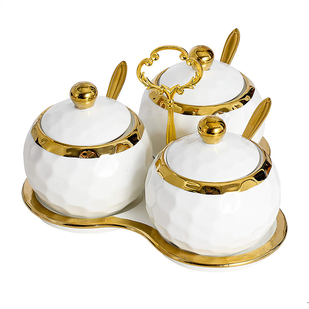 3-Piece Porcelain Sugar Bowl Set with Lids & Spoons – White Silver