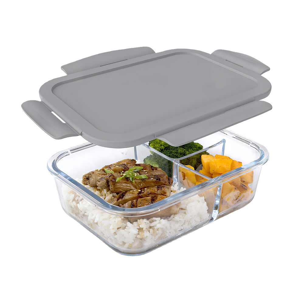 Glass Lunch Box with 3 Compartments – Leak-Proof Airtight Bento, 5 Cups