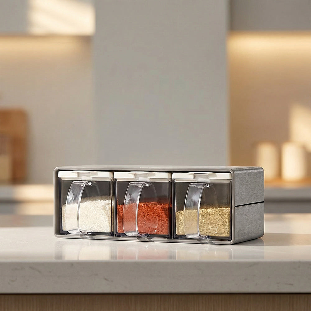 Clear Salt Containers with Lids and Spoons 3 Piece Spice Pots Set for Kitchen Seasoning Storage