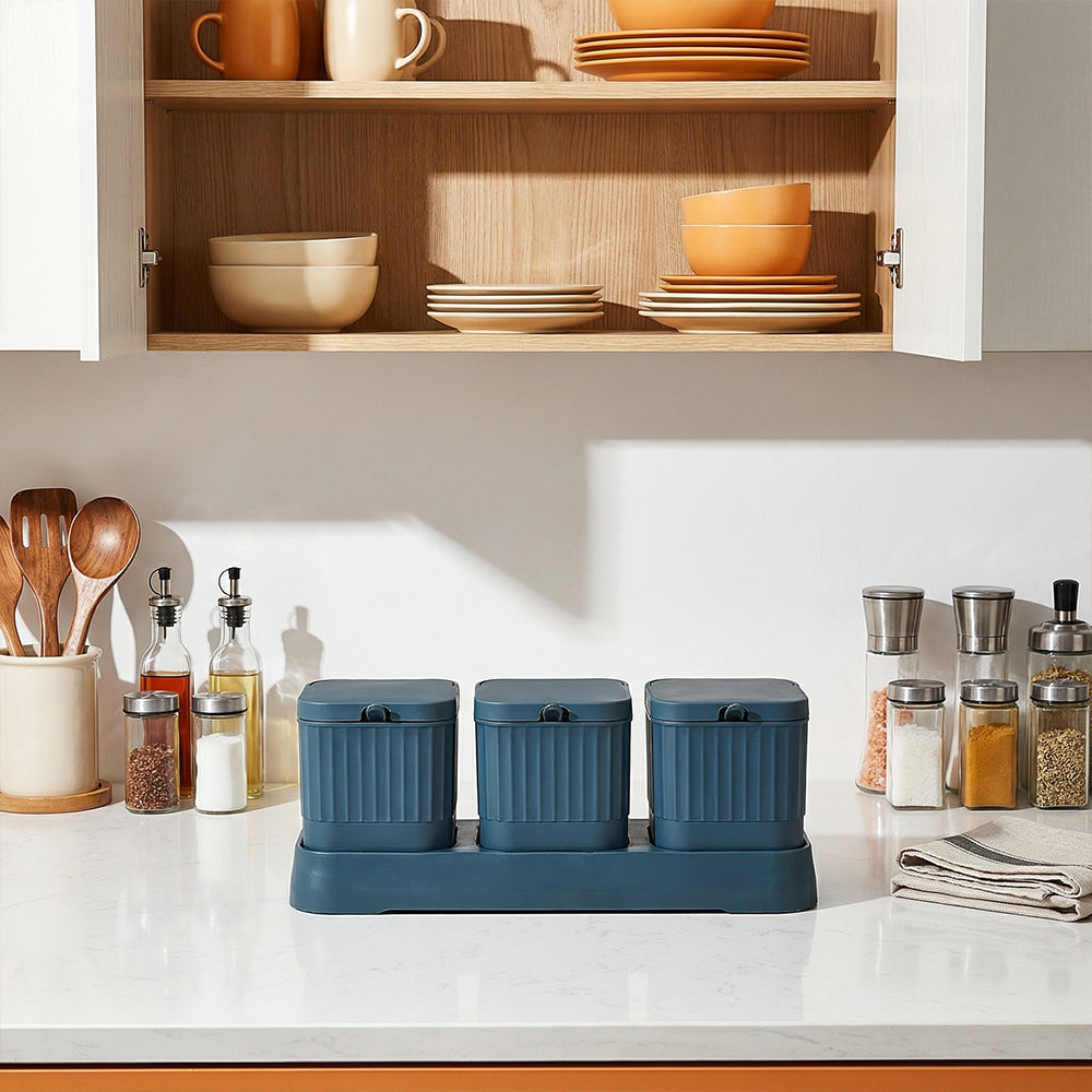 Kitchen Seasoning jar Set 3 Spice Condiment Storage Box Salt Shaker Sugar Bowl with Tray and Spoon