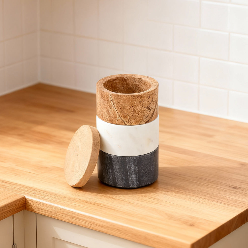 Marble Salt Cellar Stacking Set with Wood Lids White Gray and Brown 3 Piece Spice Containers