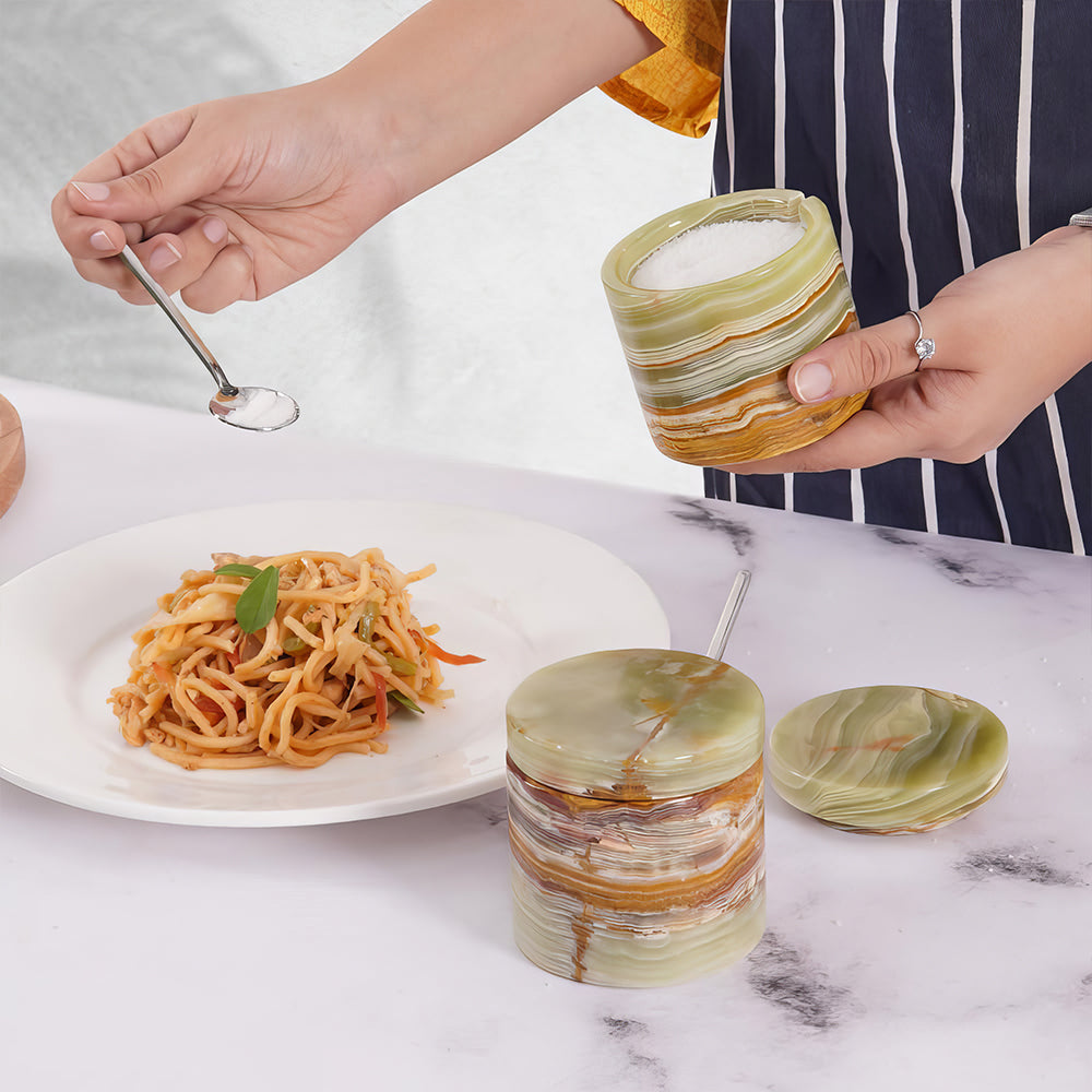Green Marble Salt Cellar with Lid & Spoon Set of 2, 3" Spice Holder