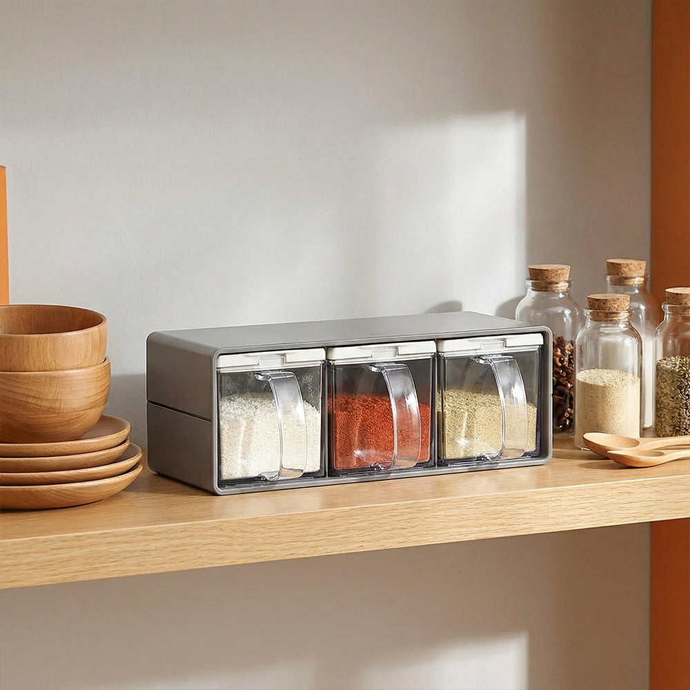 Clear Salt Containers with Lids and Spoons 3 Piece Spice Pots Set for Kitchen Seasoning Storage