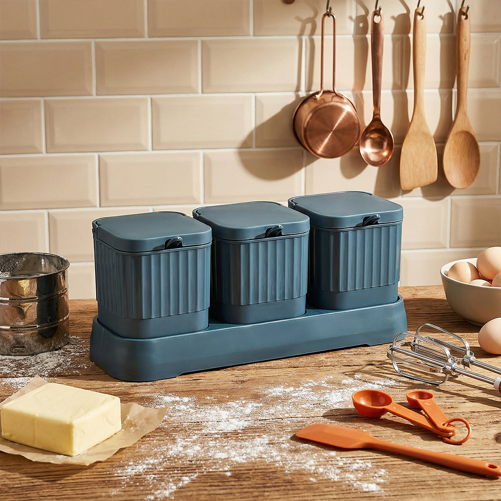 Kitchen Seasoning jar Set 3 Spice Condiment Storage Box Salt Shaker Sugar Bowl with Tray and Spoon