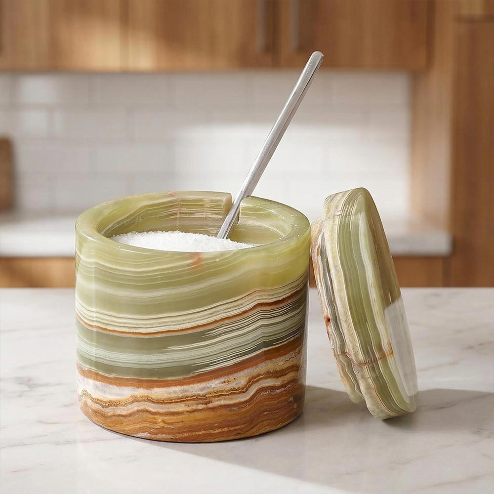 Marble Salt Cellar 3 Inch Handmade Stone Salt and Sugar Bowls with Lids Small Set of 2 Countertop Spice Containers