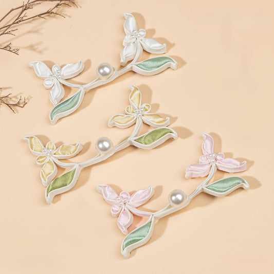 Handmade Satin Ribbon Orchid Button – Pearl Beaded Sew - Orange powder color, handmade decorative sew-on button