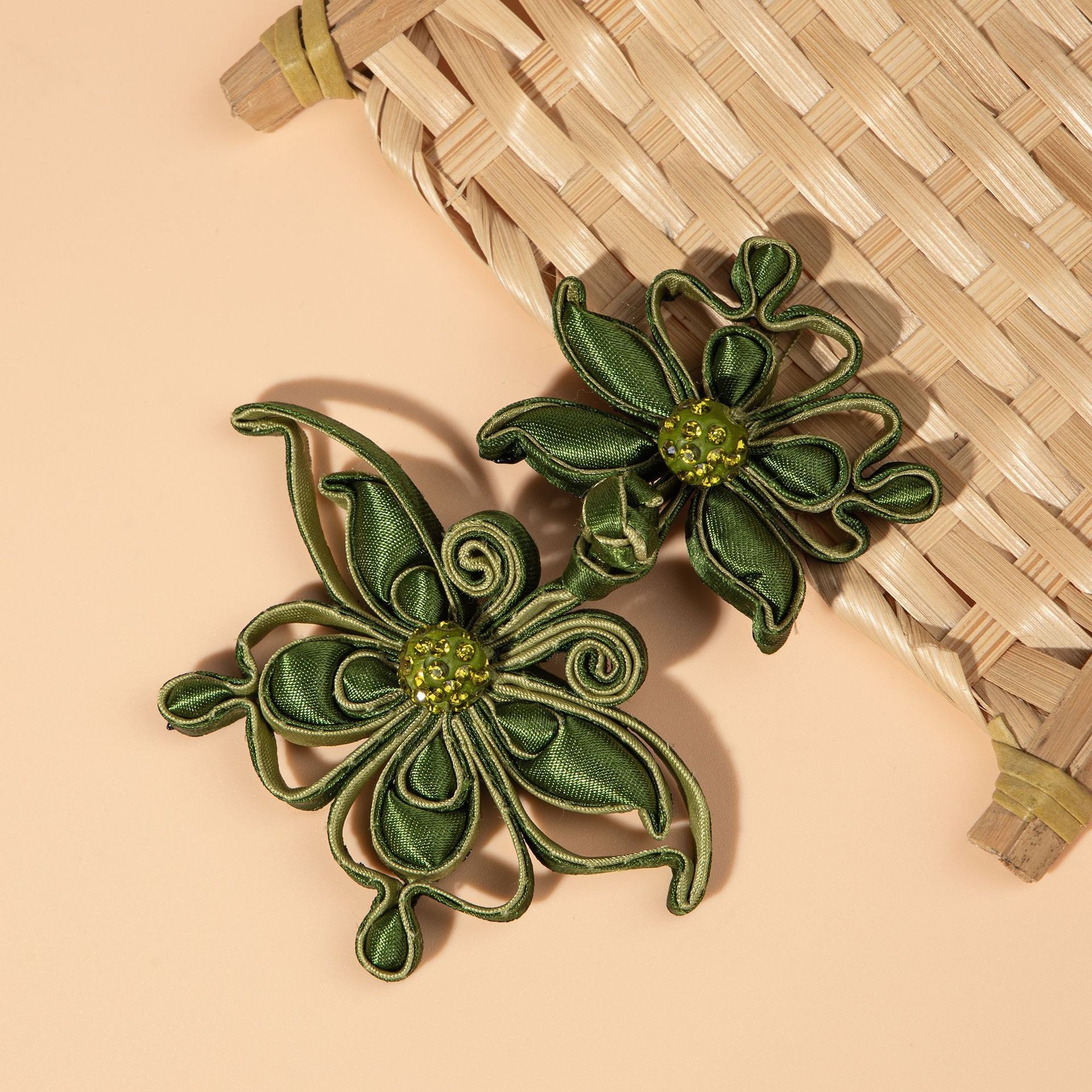 Green Satin Flower Rhinestone Button - handmade decorative sew-on button
