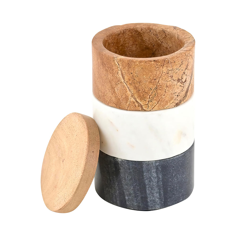 Marble Salt Cellar Stacking Set with Wood Lids White Gray and Brown 3 Piece Spice Containers