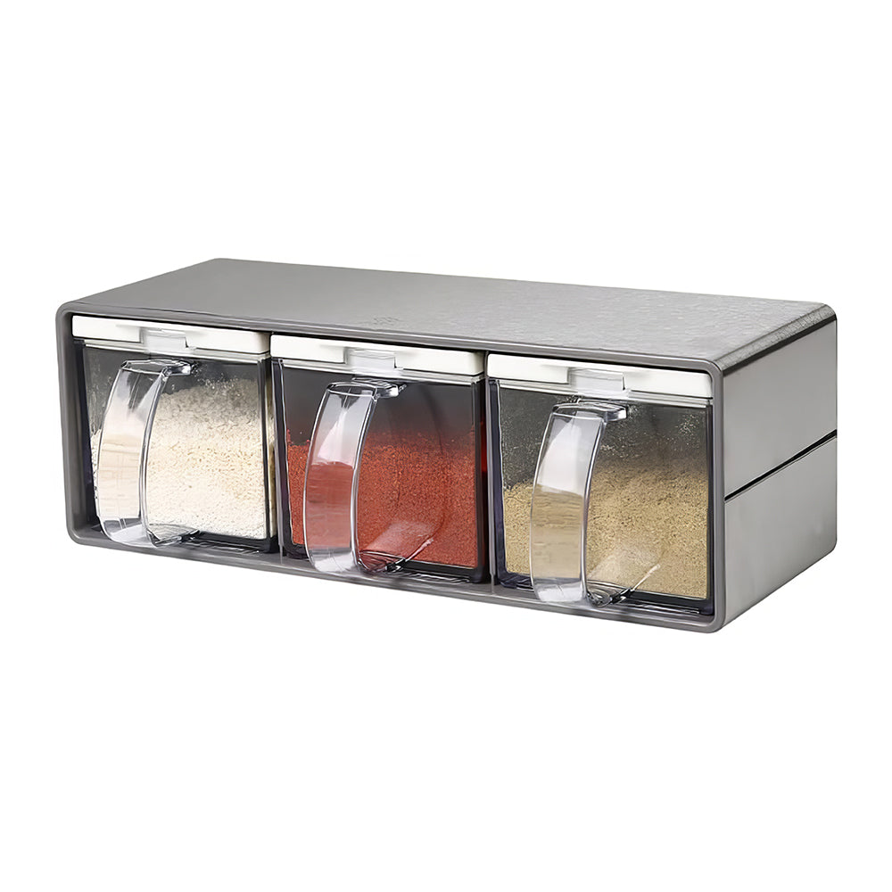 3-Piece Clear Spice Container Set with Lids & Spoons – Stainless Steel Rack