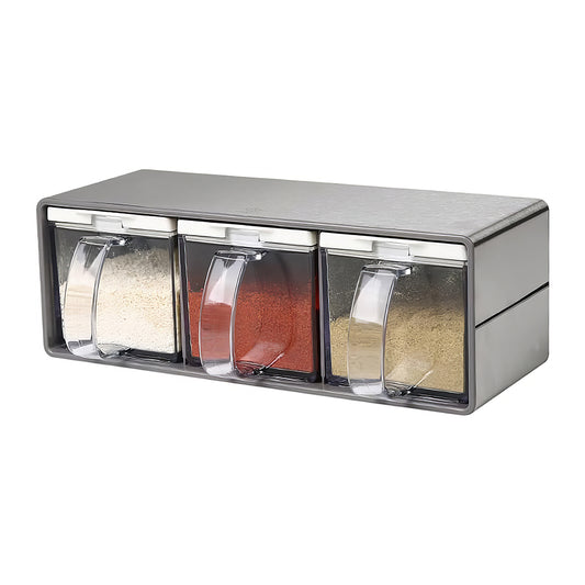 3-Piece Clear Spice Container Set with Lids & Spoons – Stainless Steel Rack