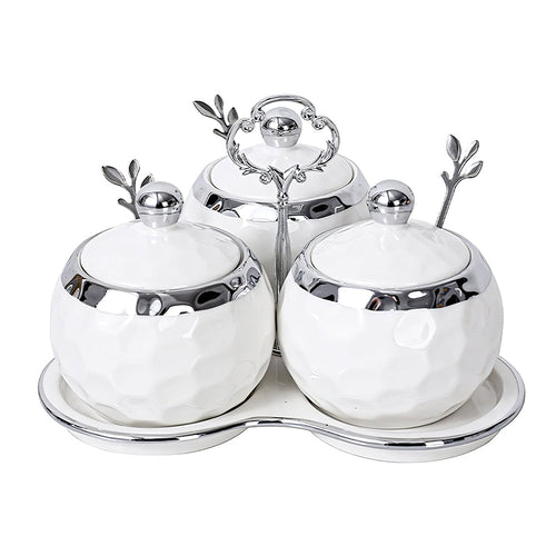 Golf Porcelain Sugar and Salt Containers with Lids Spoons, and Tray Set of 3