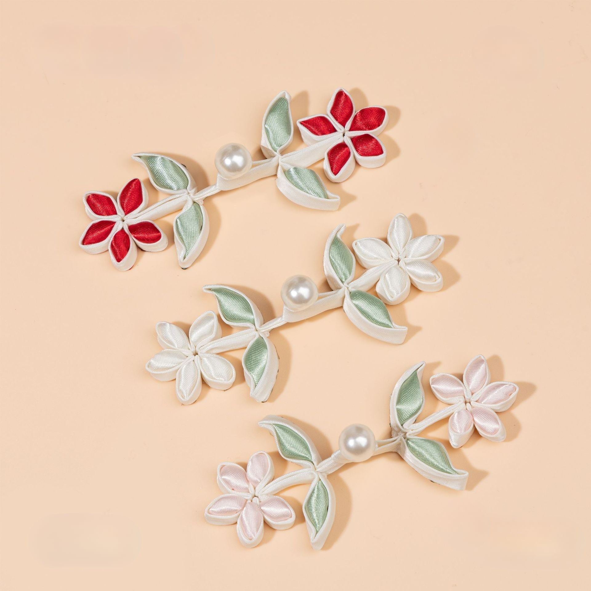 Flower and Leaf Branch Pearl Button - Apricot color, handmade decorative sew-on button