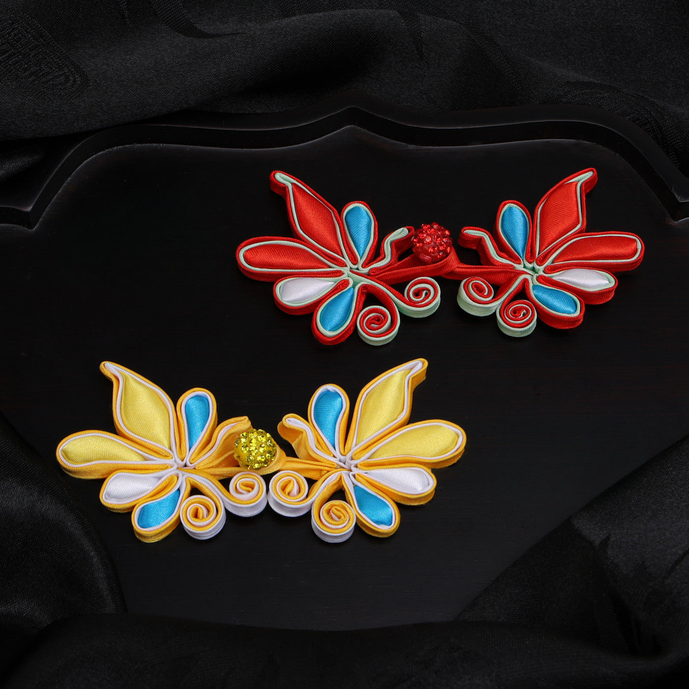 Butterfly petals paired with crystal bead buttons - handmade decorative sew-on button