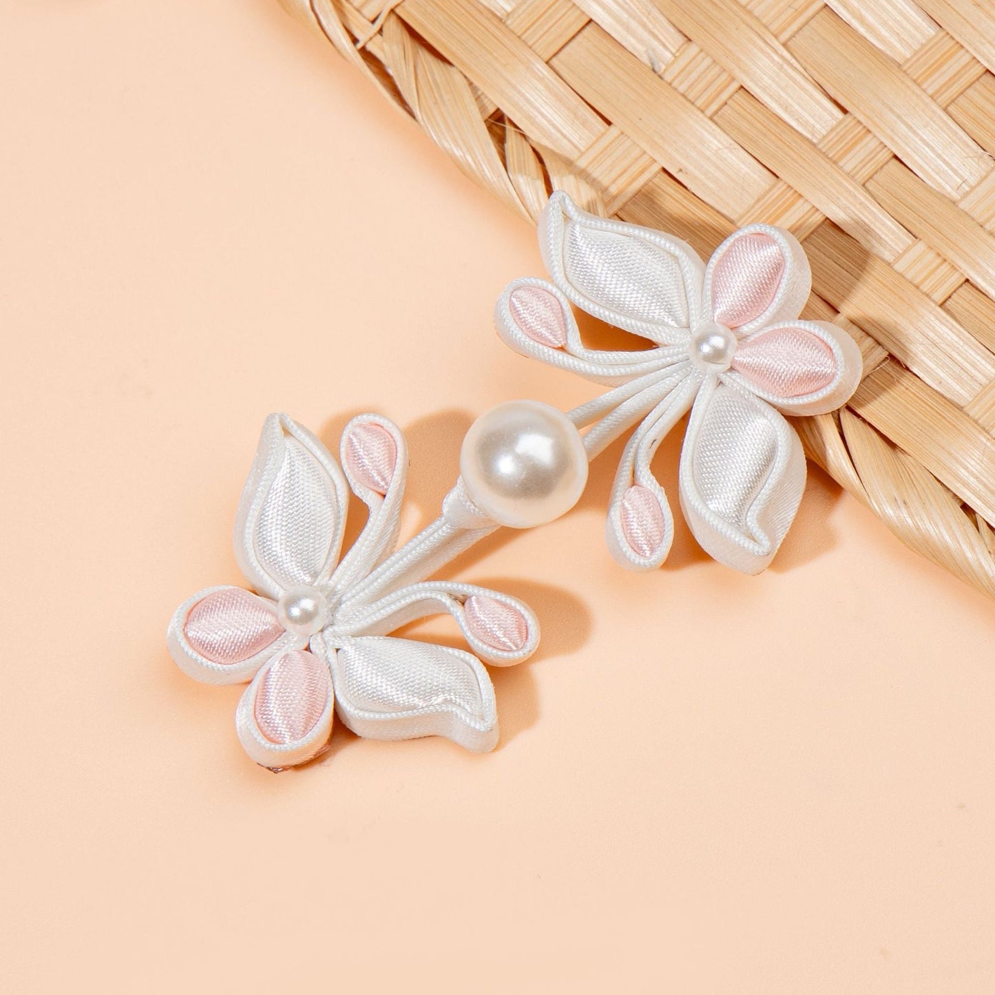 White Flower Branch Pearl Buttons - Light blue color, handmade decorative sew-on button