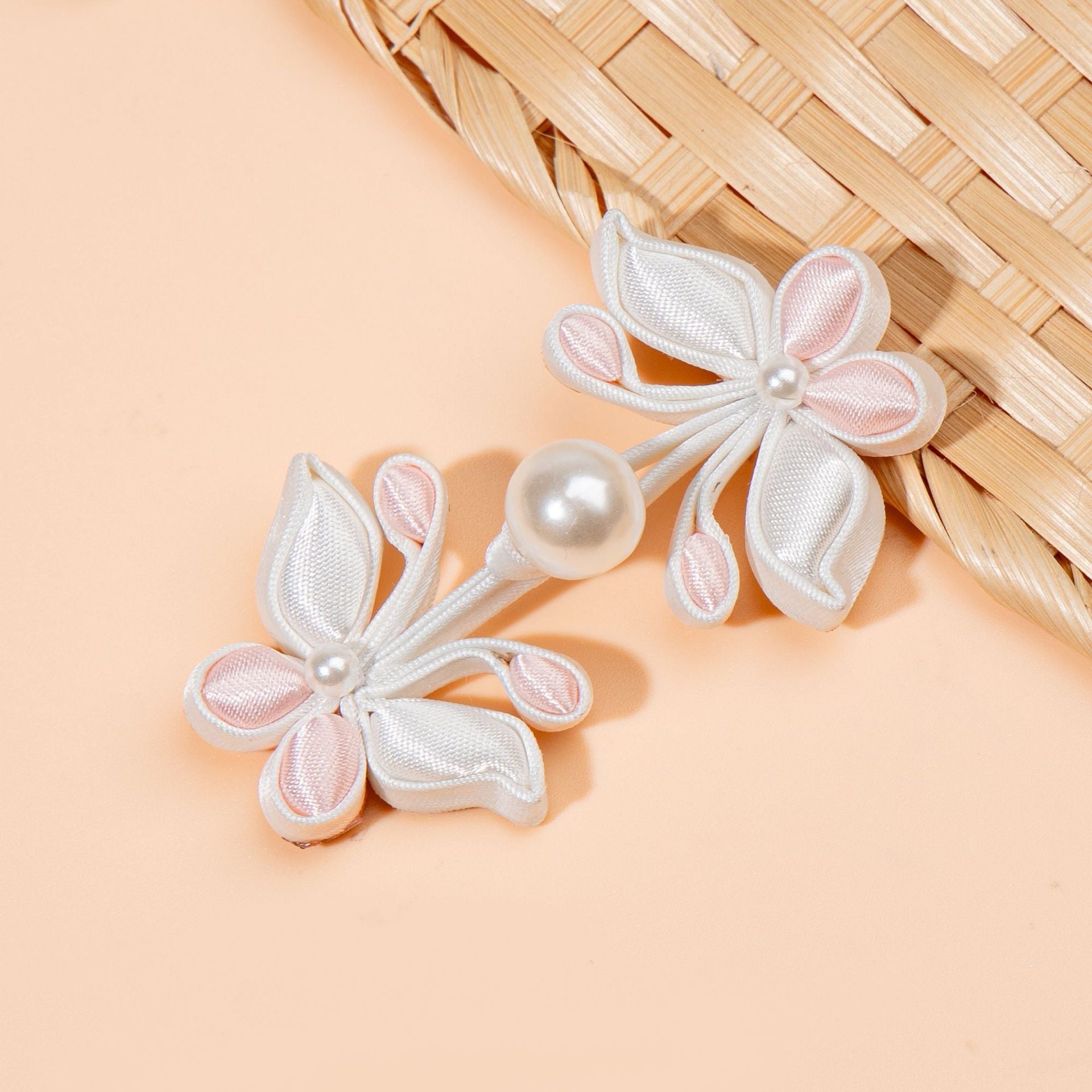 White Flower Branch Pearl Buttons - Light blue color, handmade decorative sew-on button