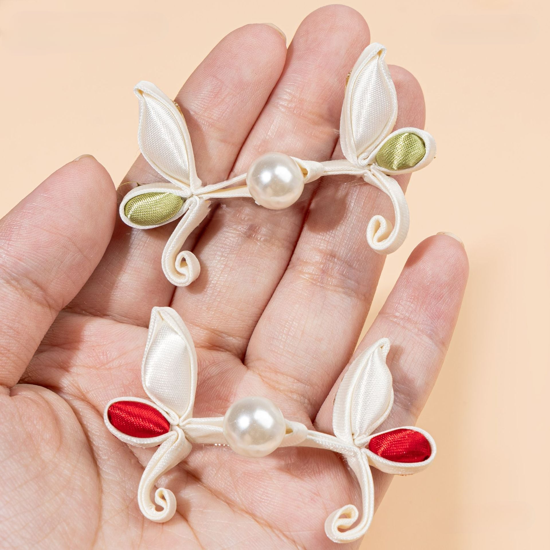 Leaf Shape Ribbon Pearl Buttons - Orange powder color, handmade decorative sew-on button
