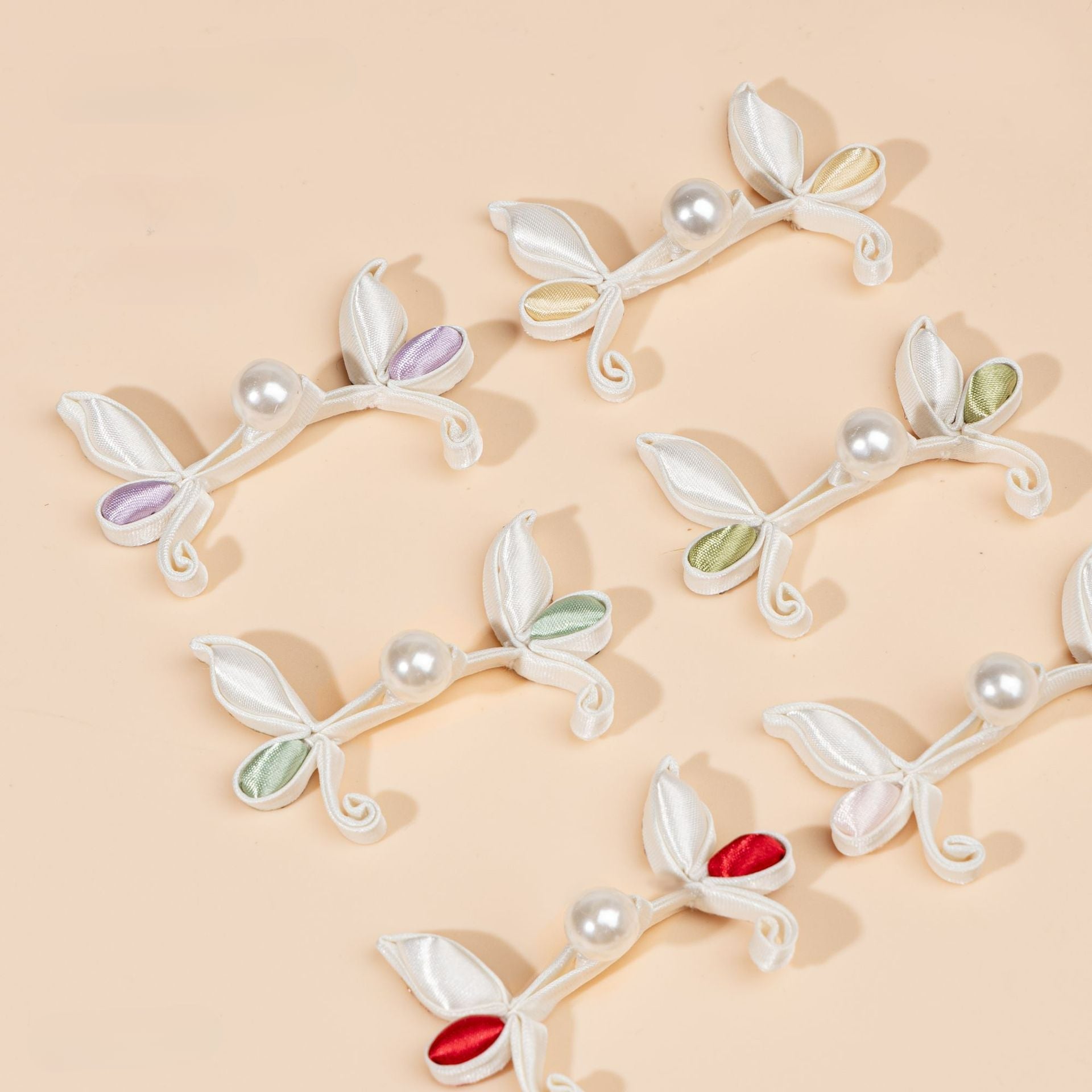 Leaf Shape Ribbon Pearl Buttons - Olive Green color, handmade decorative sew-on button