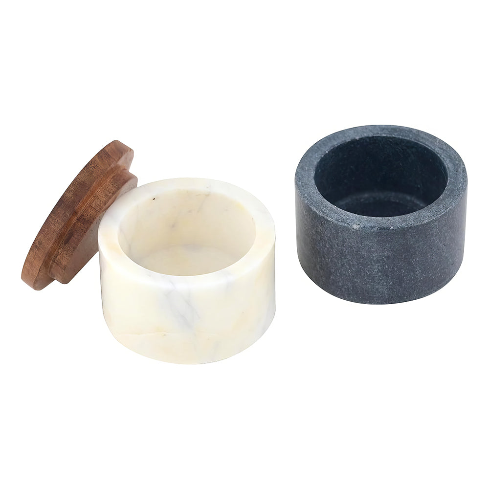 Stackable Marble Salt Cellar Set with Wood Lid – White, Gray & Brown