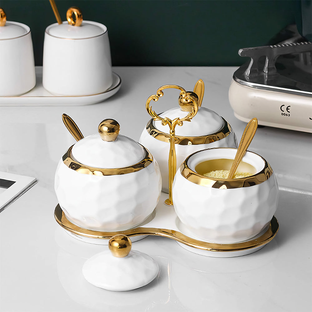 3-Piece Porcelain Sugar Bowl Set with Lids & Spoons – White Silver