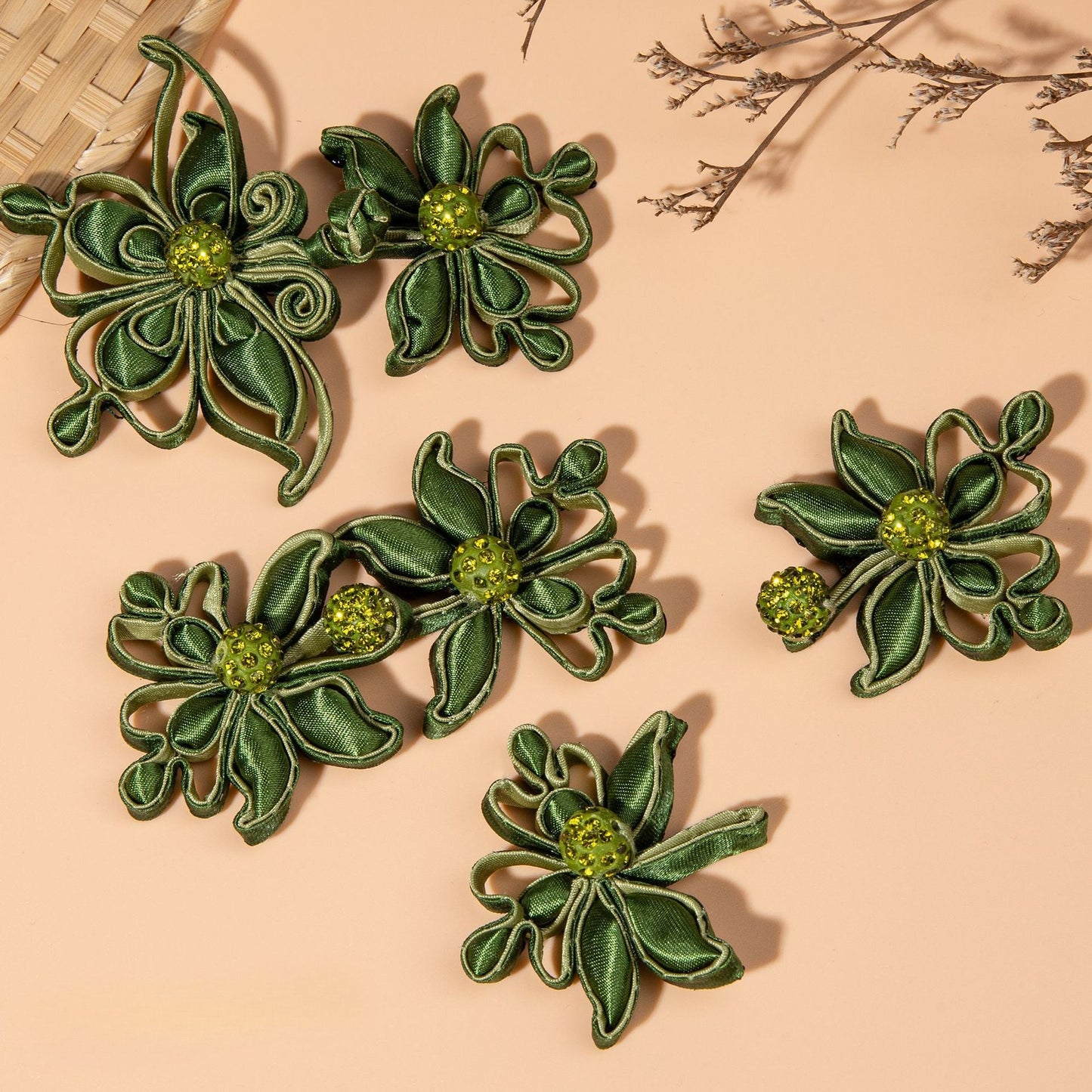 Green Satin Flower Rhinestone Button - Army Green color, handmade decorative sew-on button