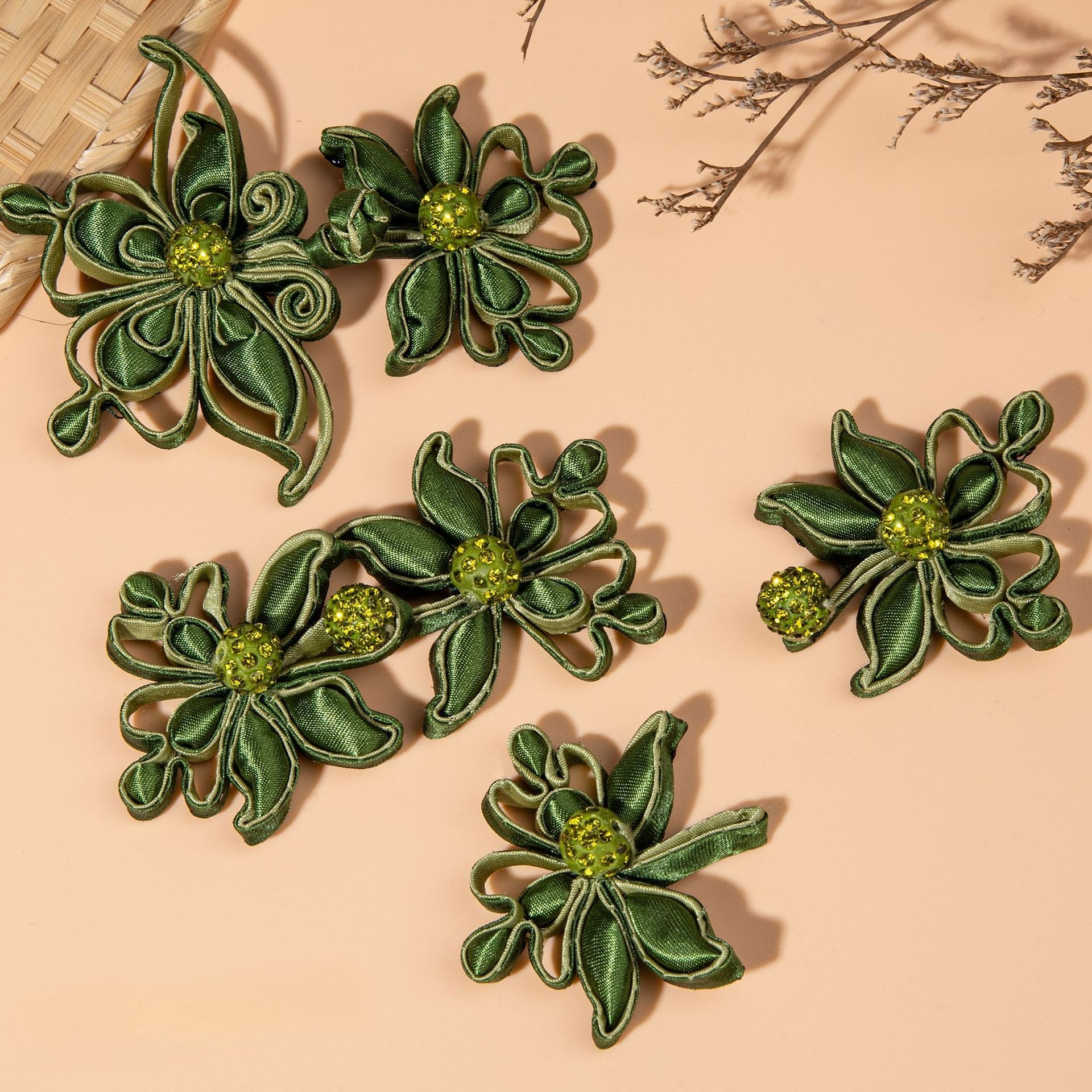 Green Satin Flower Rhinestone Button - Army Green color, handmade decorative sew-on button