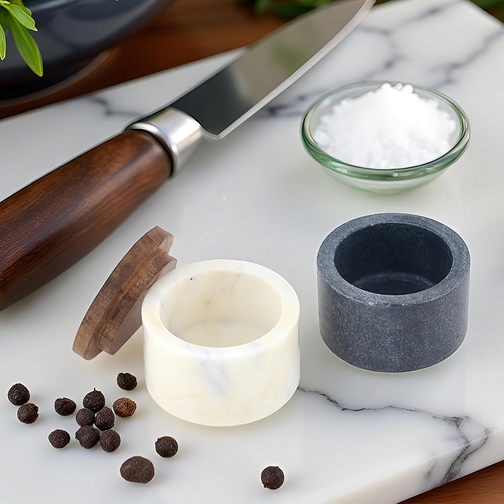 Stackable Marble Salt Cellar Set with Wood Lid – White, Gray & Brown
