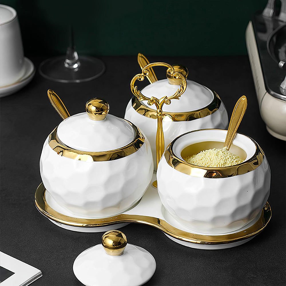 3-Piece Porcelain Sugar Bowl Set with Lids & Spoons – White Silver