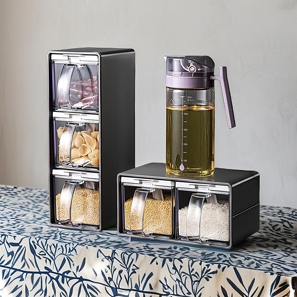 3-Piece Clear Spice Container Set with Lids & Spoons – Stainless Steel Rack