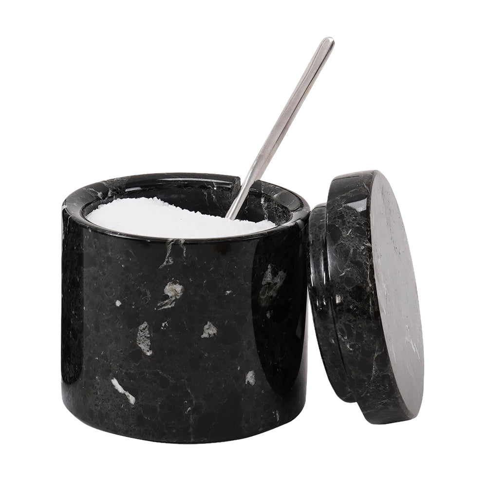 Green Marble Salt Cellar with Lid & Spoon Set of 2, 3" Spice Holder