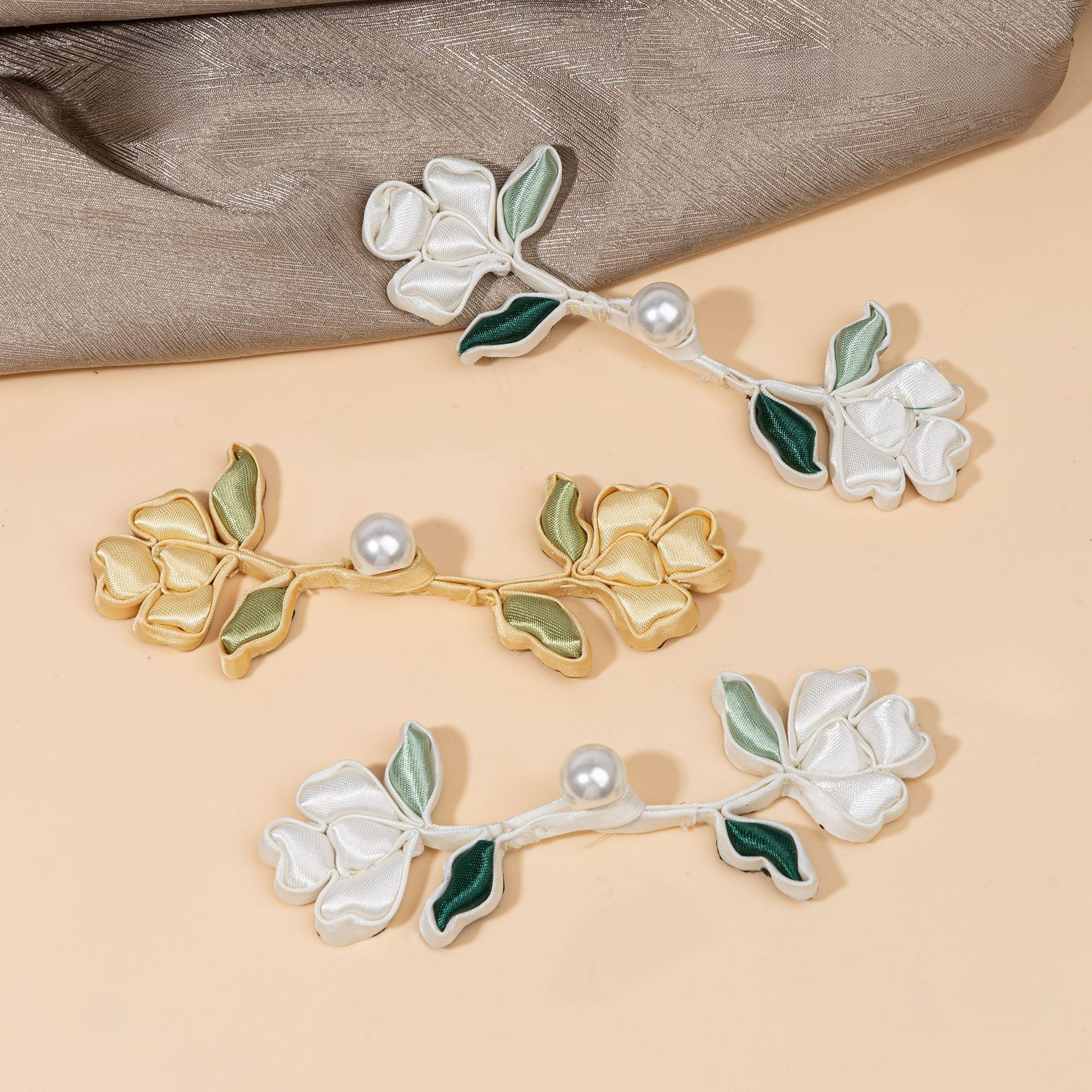 Satin Flower Branch Pearl Buttons - Turmeric color, handmade decorative sew-on button