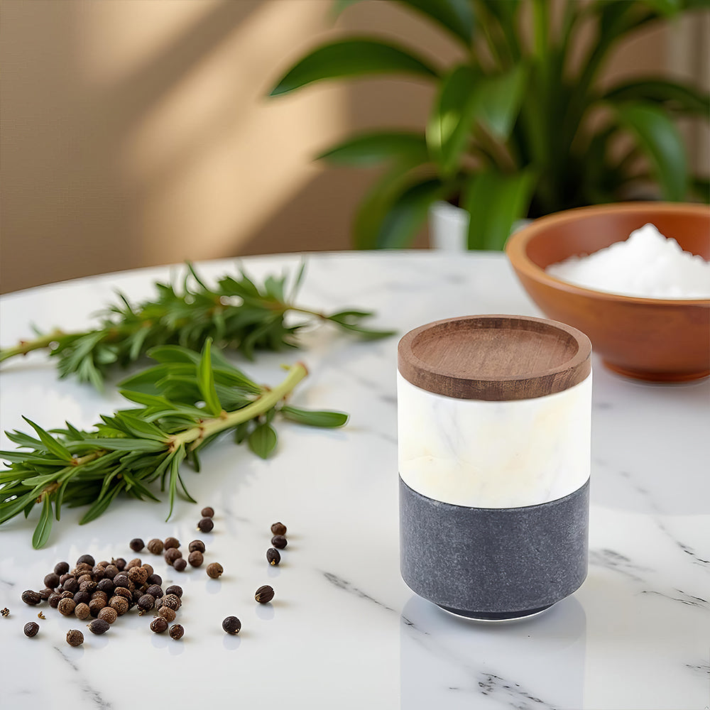 Stackable Marble Salt Cellar Set with Wood Lid – White, Gray & Brown